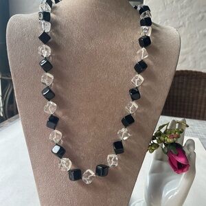 Vintage Mod Retro Necklace Black & Clear Lucite Square Beads 15”